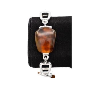Liz Claiborne Vintage Bracelet Tortoise Cabochon Silver Tone Signed NOS 90s Bin4